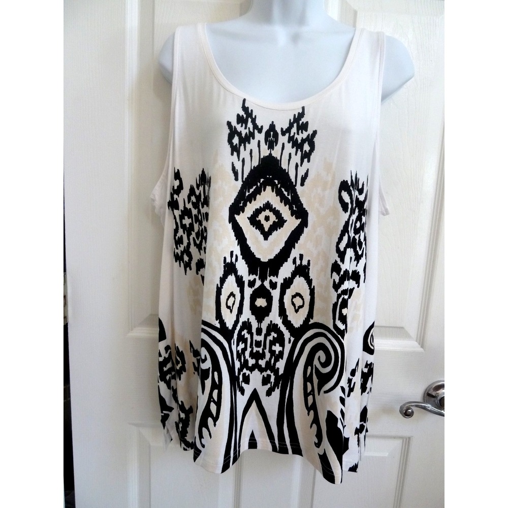Chico's Size 3 XL Rayon Tank Top Pullover Ikat Print White Beige Black